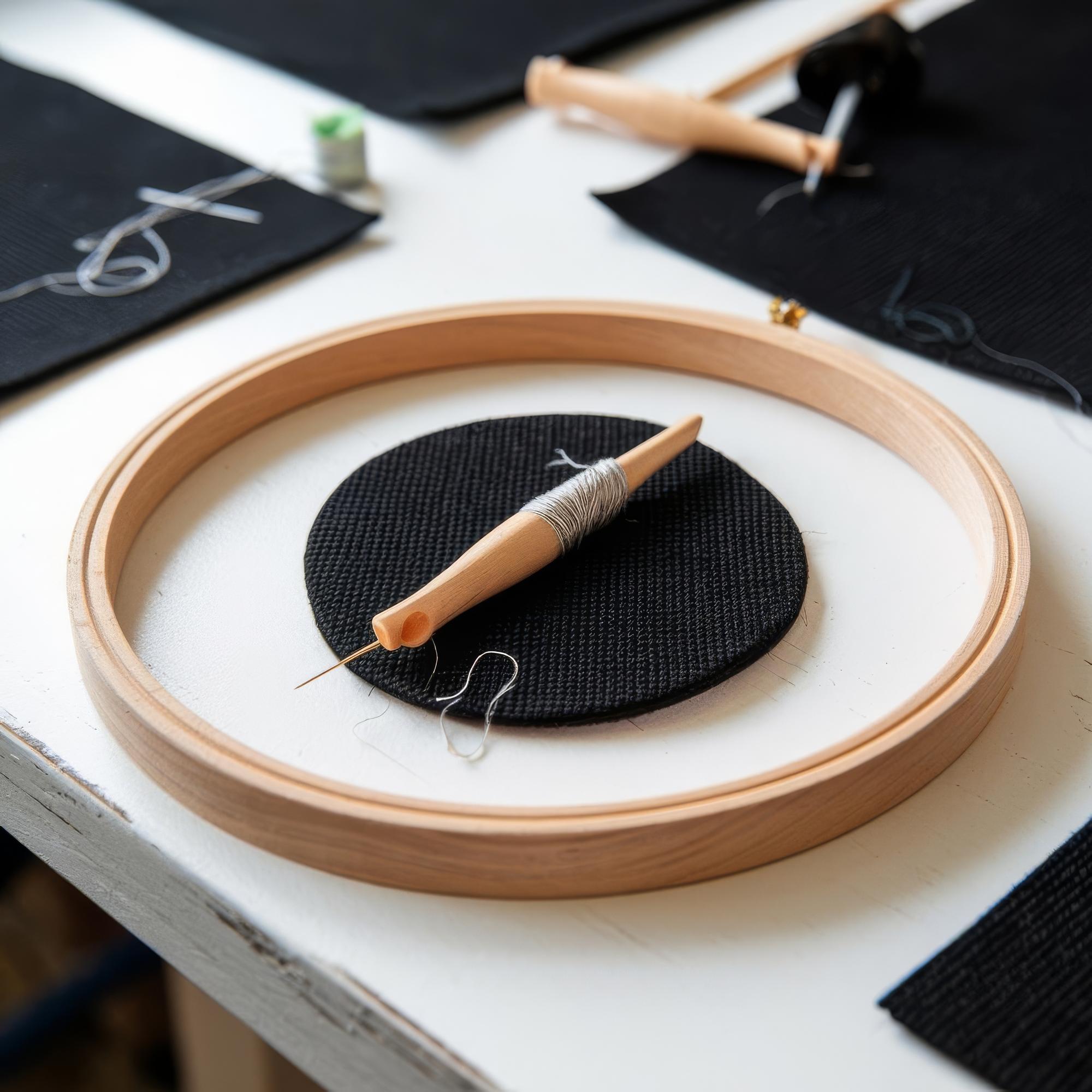 Studio workstation with hoops, threads and CNC-like embroidery frame